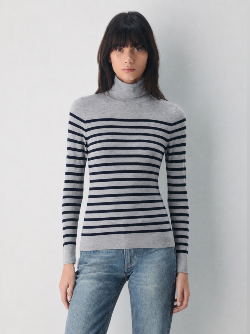 J. Crew 100% Italian Cashmere Turtleneck Sweater Gray Navy Striped Size Small *W
